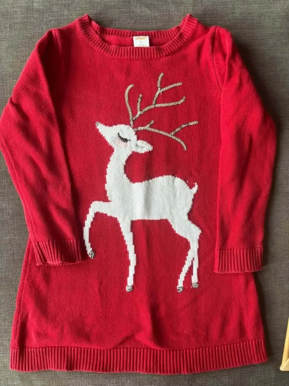 Gymboree Girls Red 100% Cotton Holiday Reindeer Sweater Dress Sequin Size 6